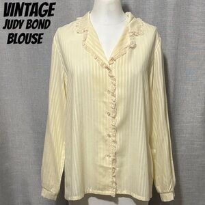 Vintage Judy Bond Collared Blouse-EUC-Cream Semi Sheer Striped-Lace Trim